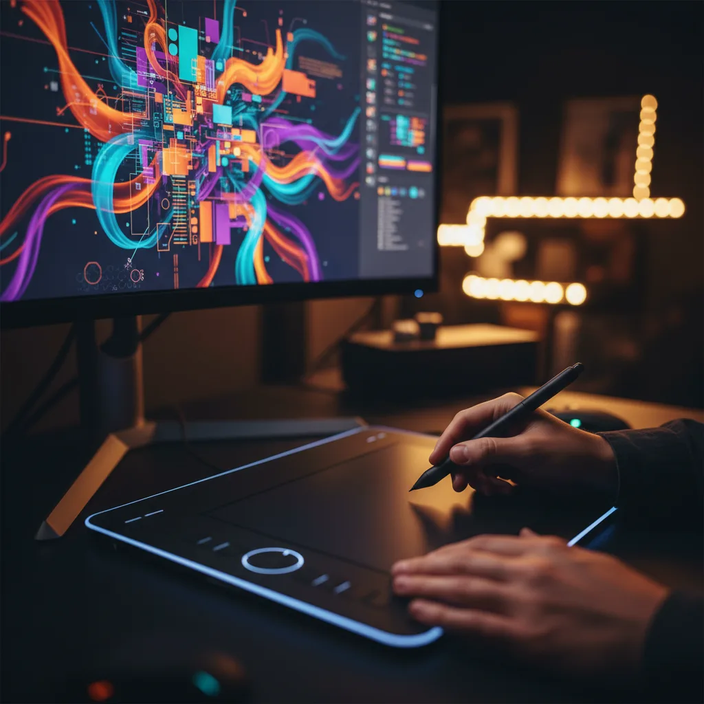 Designer working with a stylus on a graphics tablet